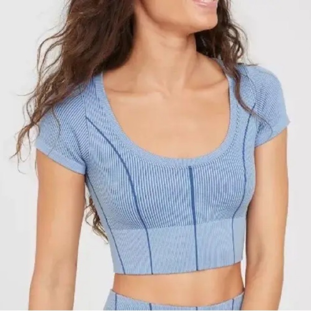 Aerie Offline Blue Ribbed Scoop Neck Crop Top
